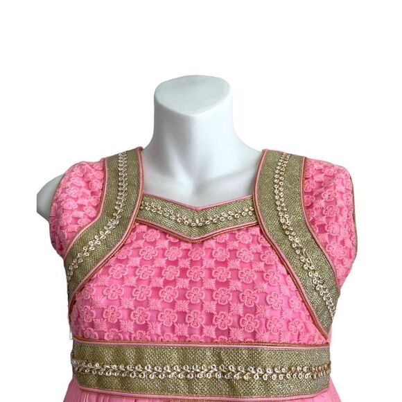 Floral Embroidered Chiffon Dress Gold Cutout Back Pink - Picture 8 of 8